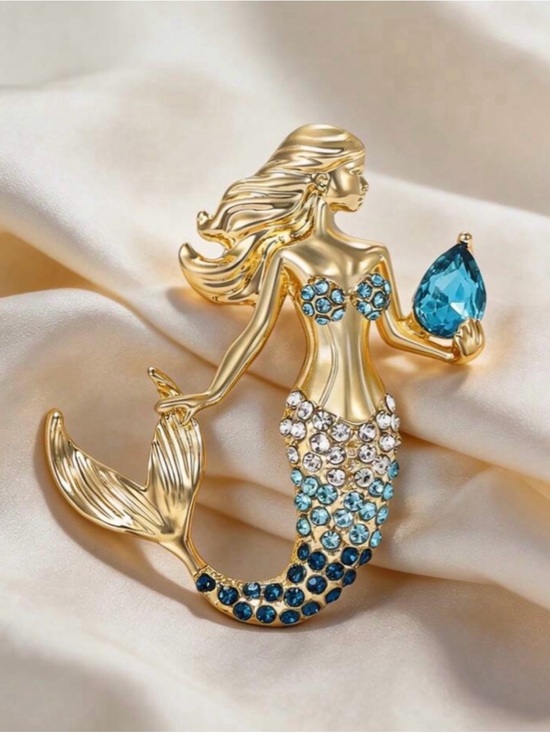 Jewelry - Gold Plated Mermaid Brooch with Blue Crystal Accents